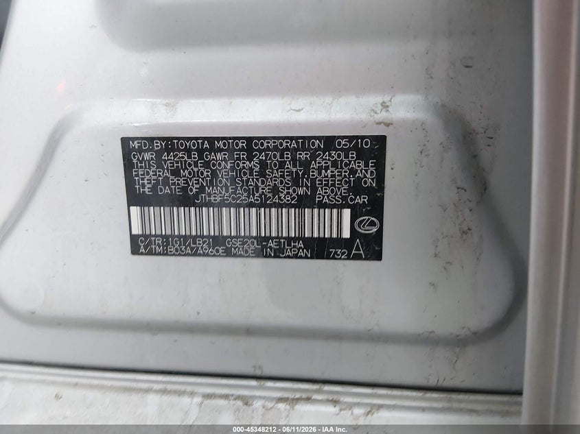 2010 Lexus Is 250 VIN JTHBF5C25A5124382 IAAI salvage auction — FRONT END, Salvage (Missouri), sold $450 on 2026-07-30 (photo 9)