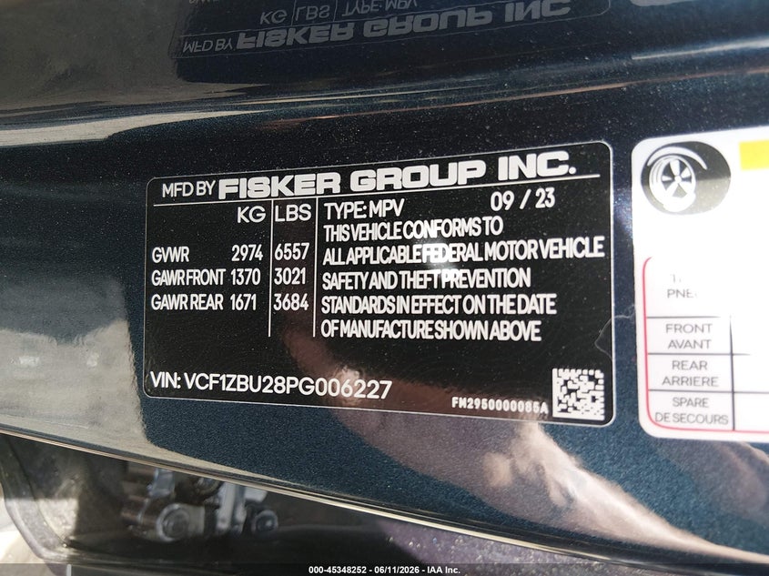 2023 Fisker Ocean VIN VCF1ZBU28PG006227 IAAI salvage auction — NORMAL WEAR, Salvage Title, sold $10,200 on 2026-08-14 (photo 9)