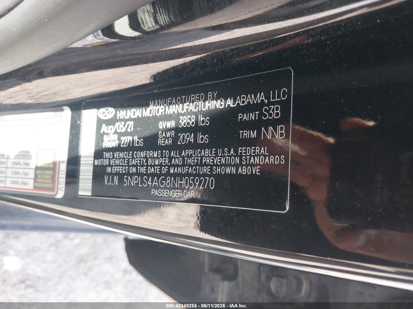 2022 Hyundai Elantra VIN 5NPLS4AG8NH059270 IAAI salvage auction — FRONT & REAR, Salvage (Virginia), sold $2,550 on 2026-07-31 (photo 9)