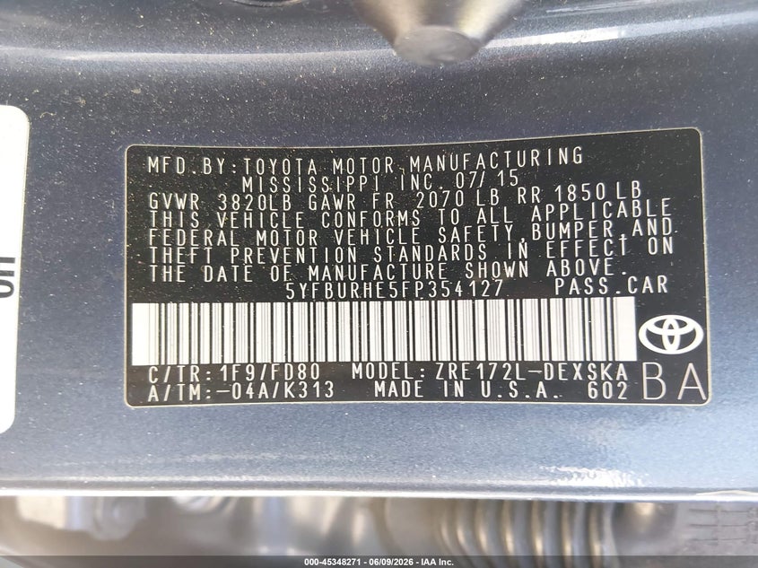 2015 Toyota Corolla VIN 5YFBURHE5FP354127 IAAI salvage auction — FRONT END, Salvage Title, sold $1,675 on 2026-07-20 (photo 9)