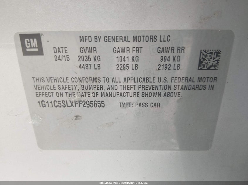 2015 Chevrolet Malibu VIN 1G11C5SLXFF295655 IAAI salvage auction — LEFT FRONT, Prior Salvage (Minnesota), sold $550 on 2026-07-23 (photo 9)