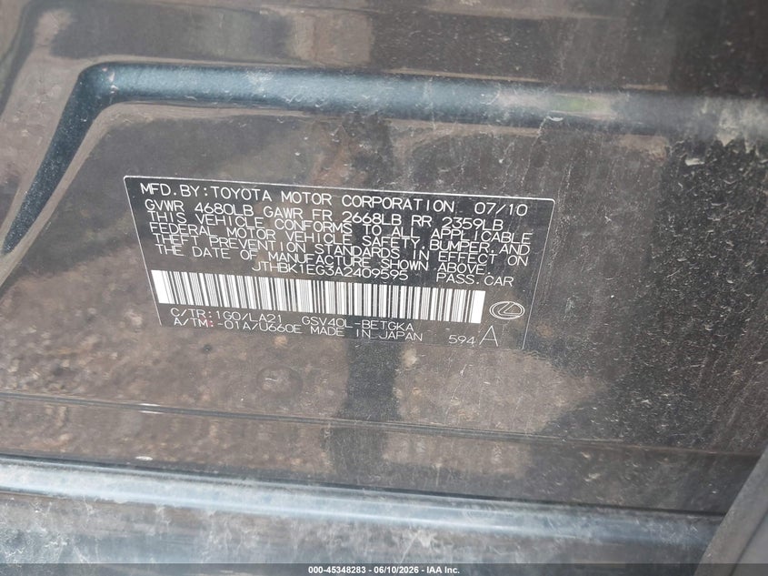 2010 Lexus ES VIN JTHBK1EG3A2409595 IAAI salvage auction — FRONT END, Salvage (Ohio), sold $875 on 2026-07-08 (photo 9)
