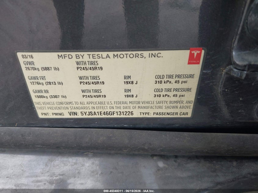 2016 Tesla Model s VIN 5YJSA1E46GF131226 IAAI salvage auction — THEFT, Original (Texas), sold $5,200 on 2026-07-15 (photo 9)