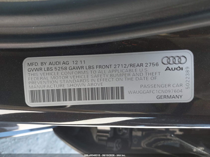2012 Audi A6 VIN WAUGGAFC1CN097604 IAAI salvage auction — MECHANICAL, Clear - Dealer Only (California), sold $1,600 on 2026-07-15 (photo 9)