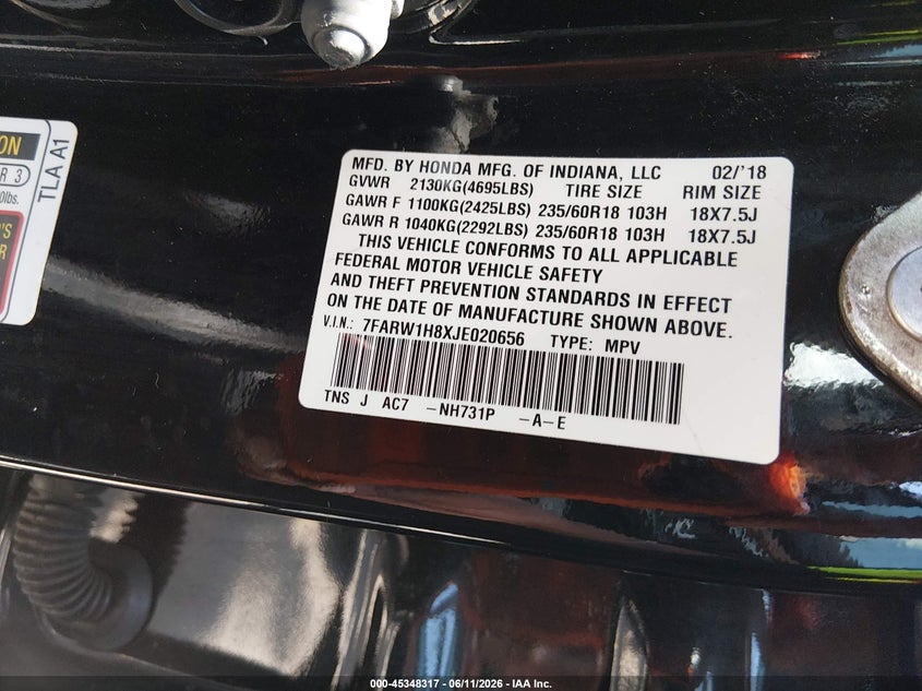 2018 Honda Cr-v VIN 7FARW1H8XJE020656 IAAI salvage auction — LEFT FRONT, Salvage (Tennessee), sold $5,325 on 2026-07-09 (photo 9)