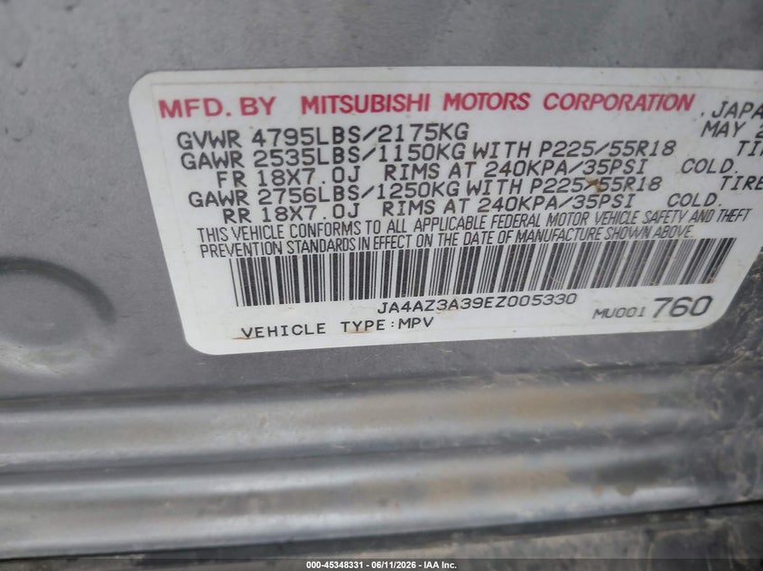 2014 Mitsubishi Outlander VIN JA4AZ3A39EZ005330 IAAI salvage auction — FRONT END, Prior Salvage (Minnesota), sold $300 on 2026-07-29 (photo 9)