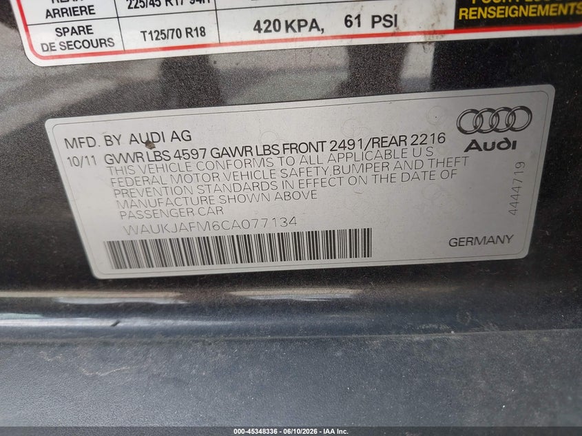 2012 Audi A3 VIN WAUKJAFM6CA077134 IAAI salvage auction — FRONT END, Salvage (Illinois), sold $450 on 2026-07-28 (photo 9)