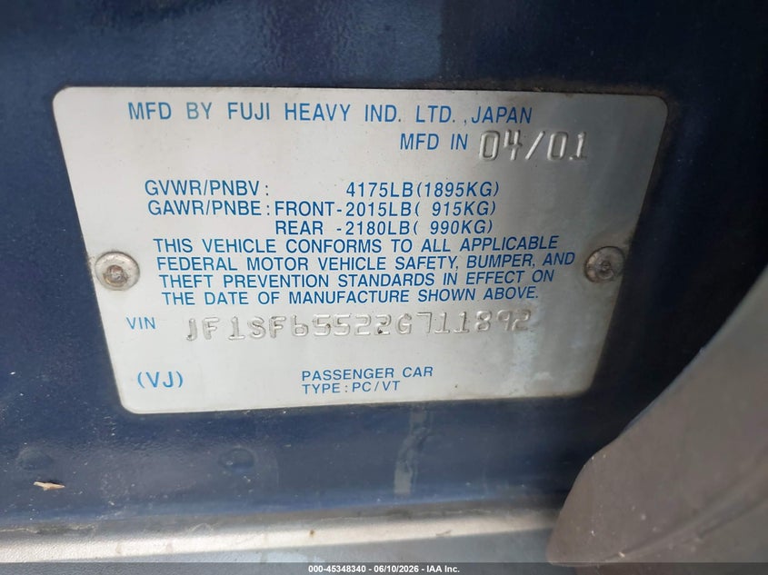 2002 Subaru Forester VIN JF1SF65522G711892 IAAI salvage auction — THEFT, Salvage (North Carolina), sold $400 on 2026-07-17 (photo 9)