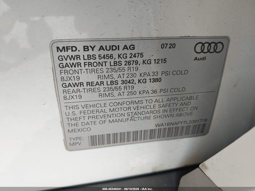 2020 Audi Q5 VIN WA1BNAFY7L2091719 IAAI salvage auction — RIGHT SIDE, Salvage (Idaho), sold $12,950 on 2026-07-29 (photo 9)