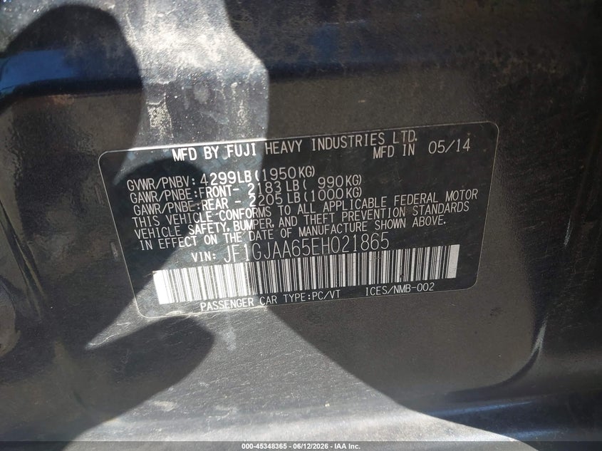 2014 Subaru Impreza VIN JF1GJAA65EH021865 IAAI salvage auction — FRONT END, Salvage Title, sold $250 on 2026-07-15 (photo 9)