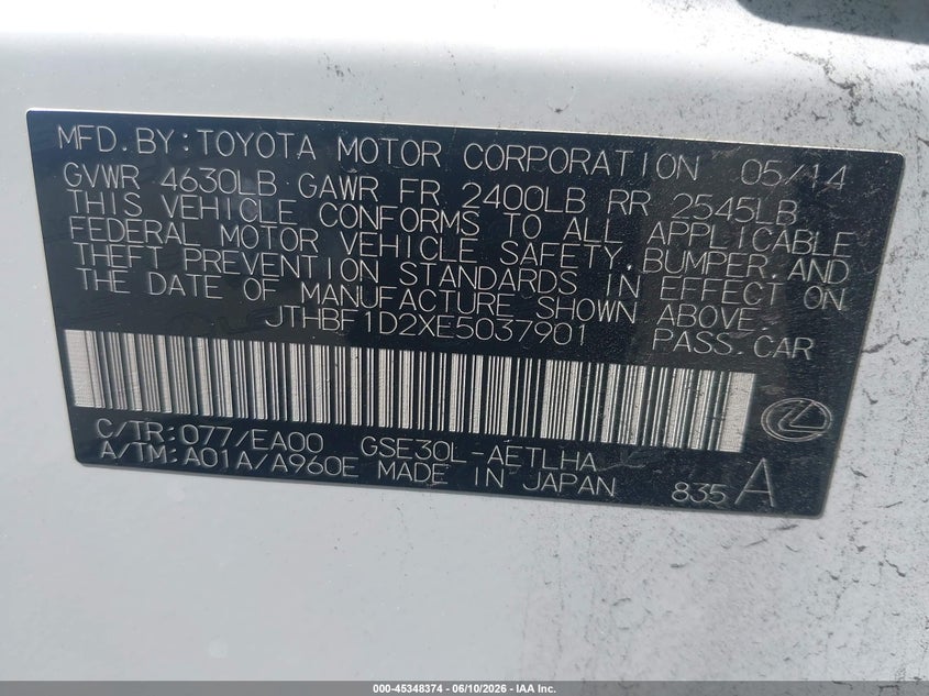2014 Lexus Is VIN JTHBF1D2XE5037901 IAAI salvage auction — LEFT FRONT, Salvage (California), sold $1,100 on 2026-07-20 (photo 9)