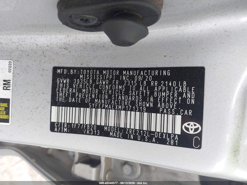 2021 Toyota Corolla VIN 5YFEPMAEXMP171319 IAAI salvage auction — FRONT END, Salvage Title, sold $375 on 2026-07-28 (photo 9)
