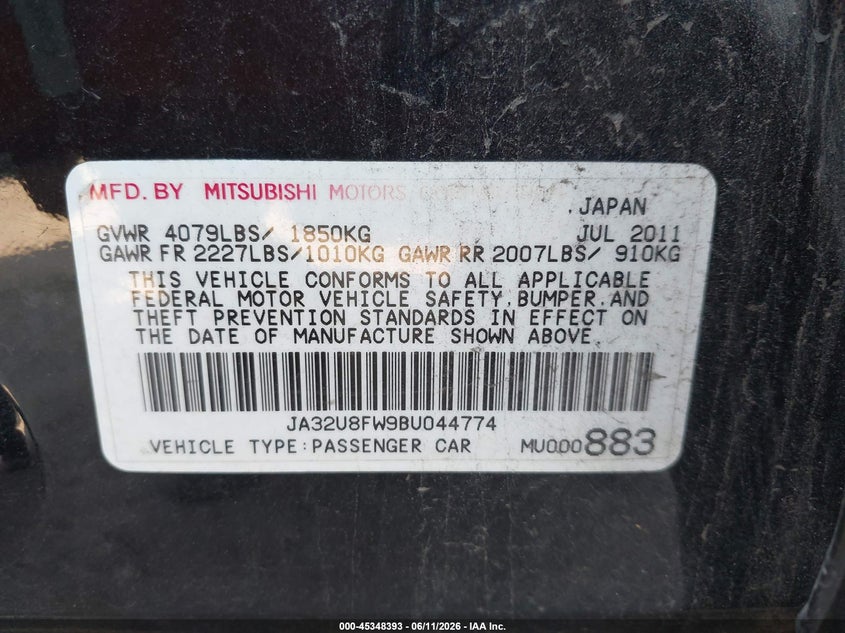 2011 Mitsubishi Lancer VIN JA32U8FW9BU044774 IAAI salvage auction — FRONT END, Salvage (Alabama), sold $25 on 2026-07-08 (photo 9)