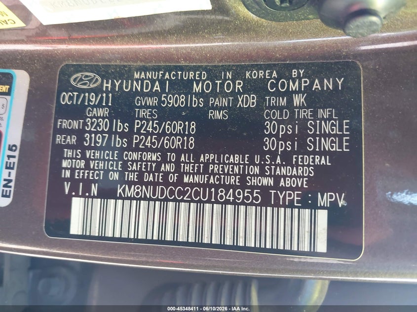 2012 Hyundai Veracruz VIN KM8NUDCC2CU184955 IAAI salvage auction — NORMAL WEAR, Clear (Alabama), sold $1,000 on 2026-07-08 (photo 9)