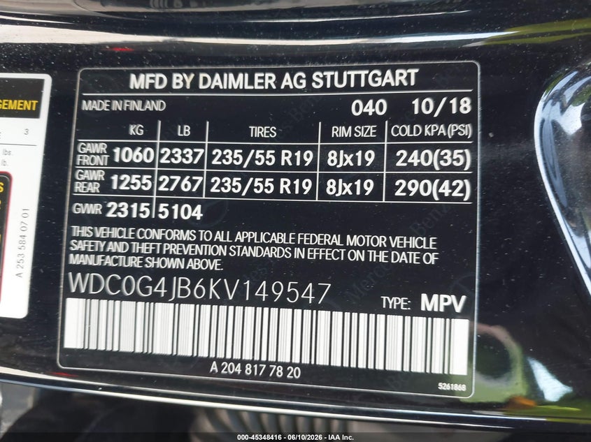 2019 Mercedes-benz Glc VIN WDC0G4JB6KV149547 IAAI salvage auction — RIGHT SIDE, Salvage (California), sold $5,500 on 2026-07-08 (photo 9)