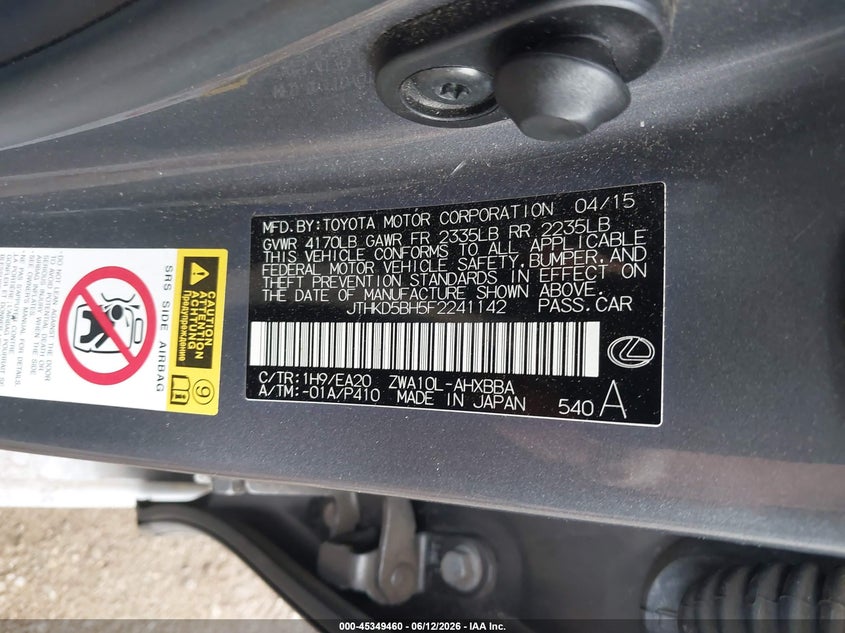 2015 Lexus Ct VIN JTHKD5BH5F2241142 IAAI salvage auction — FRONT END, Mv-907A (New York), sold $1,850 on 2026-07-07 (photo 9)