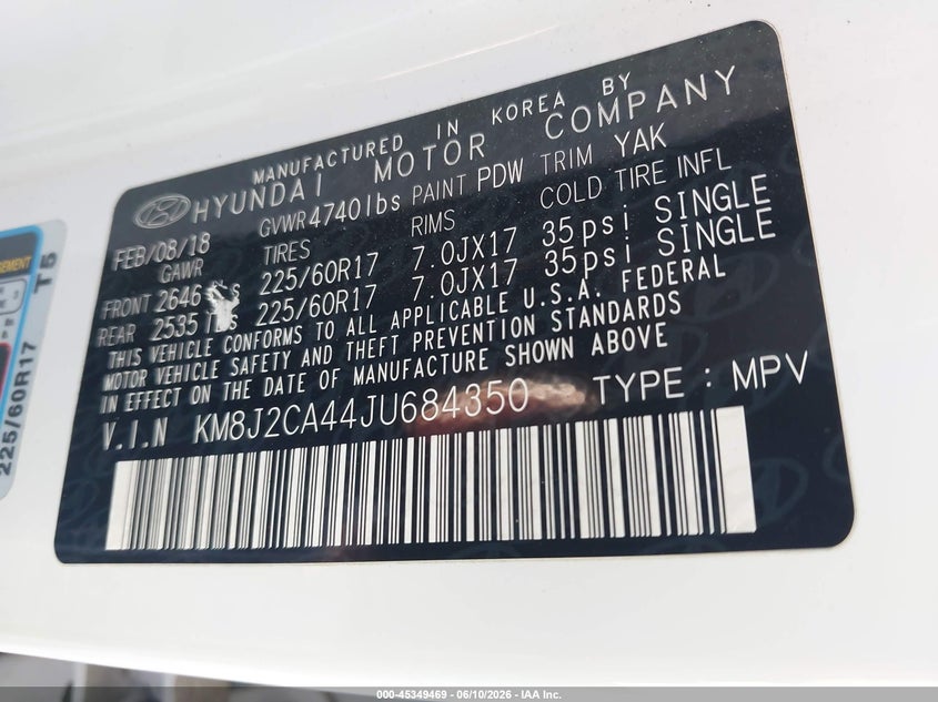 2018 Hyundai Tucson VIN KM8J2CA44JU684350 IAAI salvage auction — LEFT FRONT, Salvage (California), sold $3,200 on 2026-07-15 (photo 9)