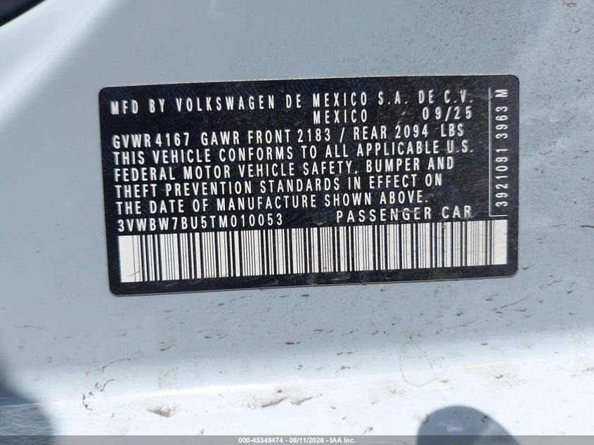 2026 Volkswagen Jetta VIN 3VWBW7BU5TM010053 IAAI salvage auction — FRONT END, Wait Title, sold $7,150 on 2026-09-02 (photo 9)