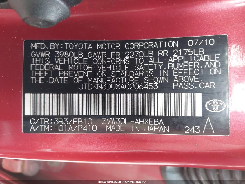 2010 Toyota Prius VIN JTDKN3DUXA0206453 IAAI salvage auction — NORMAL WEAR, Clear (Pennsylvania), sold $700 on 2026-07-21 (photo 9)