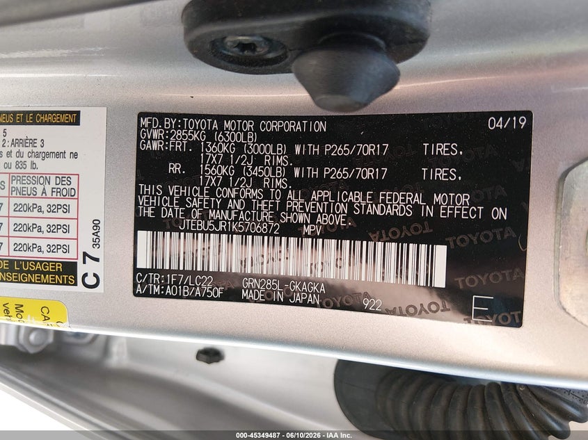 2019 Toyota 4runner VIN JTEBU5JR1K5706872 IAAI salvage auction — FRONT END, Salvage (Arkansas), sold $9,350 on 2026-07-09 (photo 9)