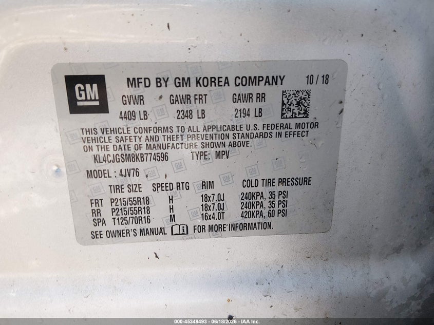 2019 Buick Encore VIN KL4CJGSM8KB774596 IAAI salvage auction — LEFT FRONT, Salvage (Ohio), sold $1,900 on 2026-07-15 (photo 9)