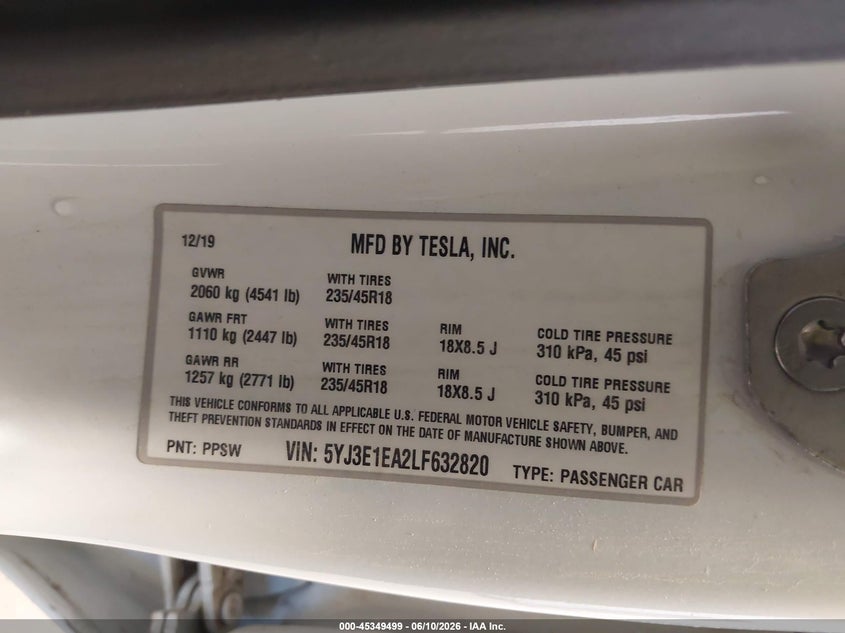 2020 Tesla Model 3 VIN 5YJ3E1EA2LF632820 IAAI salvage auction — LEFT REAR, Salvage Title, sold $5,600 on 2026-07-30 (photo 9)