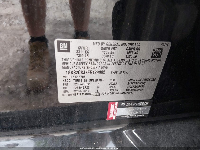 2015 Gmc Yukon VIN 1GKS2CKJ7FR129002 IAAI salvage auction — ROOF, Salvage (Missouri), sold $150 on 2026-07-30 (photo 9)
