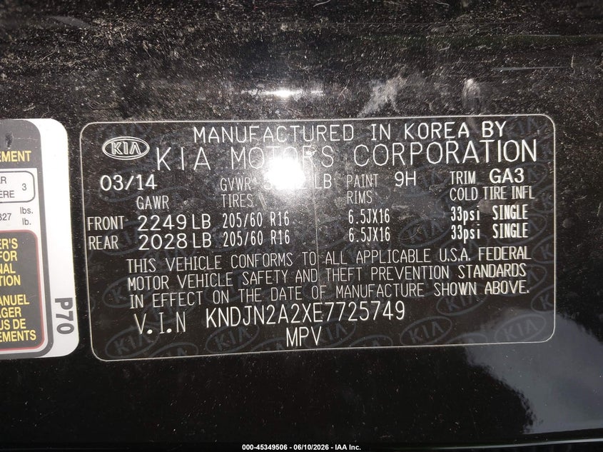 2014 Kia Soul VIN KNDJN2A2XE7725749 IAAI salvage auction — NORMAL WEAR, Clear-Endorsement (Wisconsin), sold $375 on 2026-07-15 (photo 9)