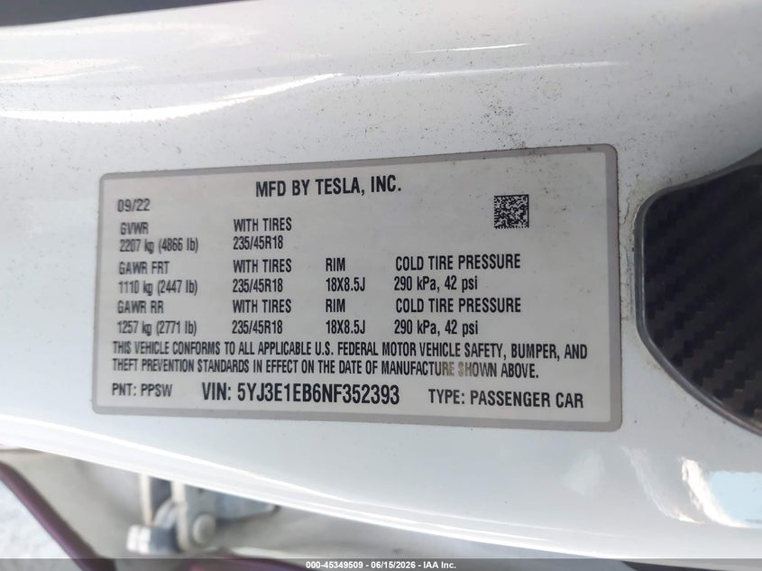 2022 Tesla Model 3 VIN 5YJ3E1EB6NF352393 IAAI salvage auction — FRONT END, Salvage (California), sold $6,200 on 2026-08-02 (photo 9)