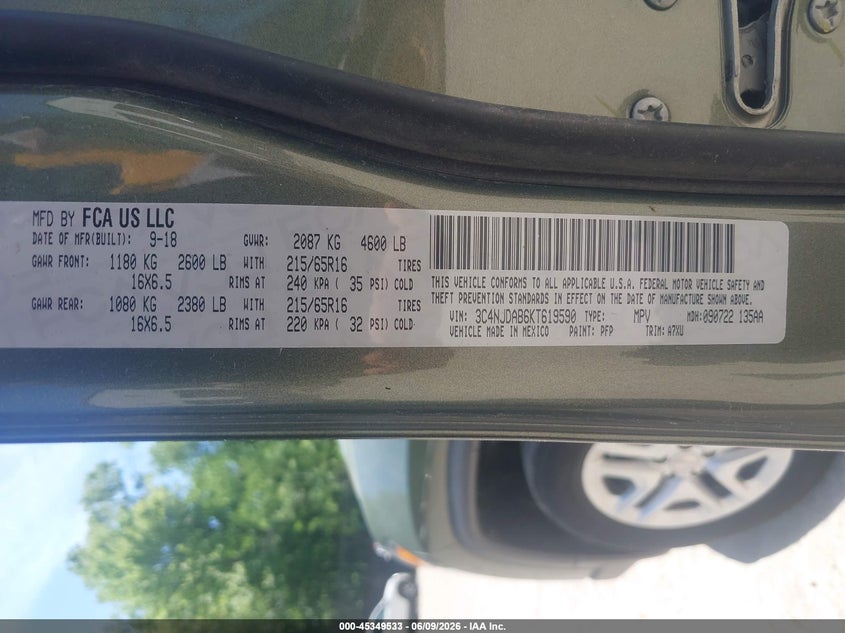 2019 Jeep Compass VIN 3C4NJDAB6KT619590 IAAI salvage auction — NORMAL WEAR, Sf97 (Vermont), sold $14,300 on 2026-07-31 (photo 9)
