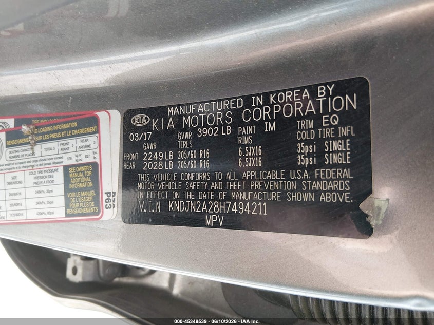 2017 Kia Soul VIN KNDJN2A28H7494211 IAAI salvage auction — FRONT END, Clear (Virginia), sold $450 on 2026-07-07 (photo 9)