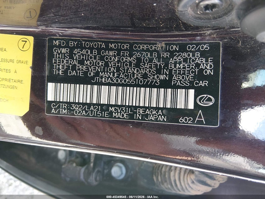 2005 Lexus Es 330 VIN JTHBA30G055107773 IAAI salvage auction — RIGHT SIDE, Clear (Arkansas), sold $600 on 2026-07-22 (photo 9)