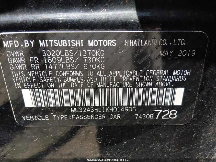 2019 Mitsubishi Mirage VIN ML32A3HJ1KH014906 IAAI salvage auction — HAIL, Salvage Title, sold $2,050 on 2026-09-02 (photo 9)