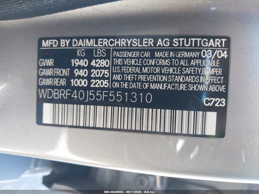 2005 Mercedes-benz C class VIN WDBRF40J55F551310 IAAI salvage auction — LEFT FRONT, Salvage (Oregon), sold $100 on 2026-07-30 (photo 9)