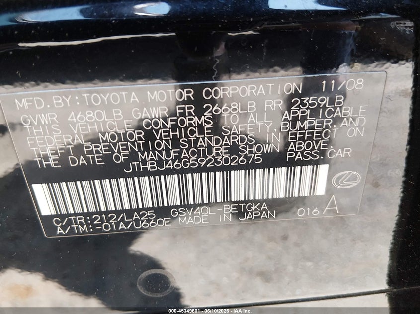 2009 Lexus ES VIN JTHBJ46G592302675 IAAI salvage auction — REAR END, Salvage (North Carolina), sold $3,050 on 2026-07-31 (photo 9)