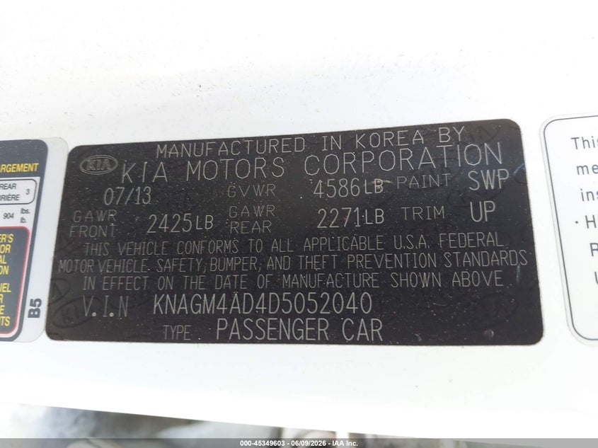 2013 Kia VIN KNAGM4AD4D5052040 IAAI salvage auction — NORMAL WEAR, Salvage Title, sold $50 on 2026-07-13 (photo 9)