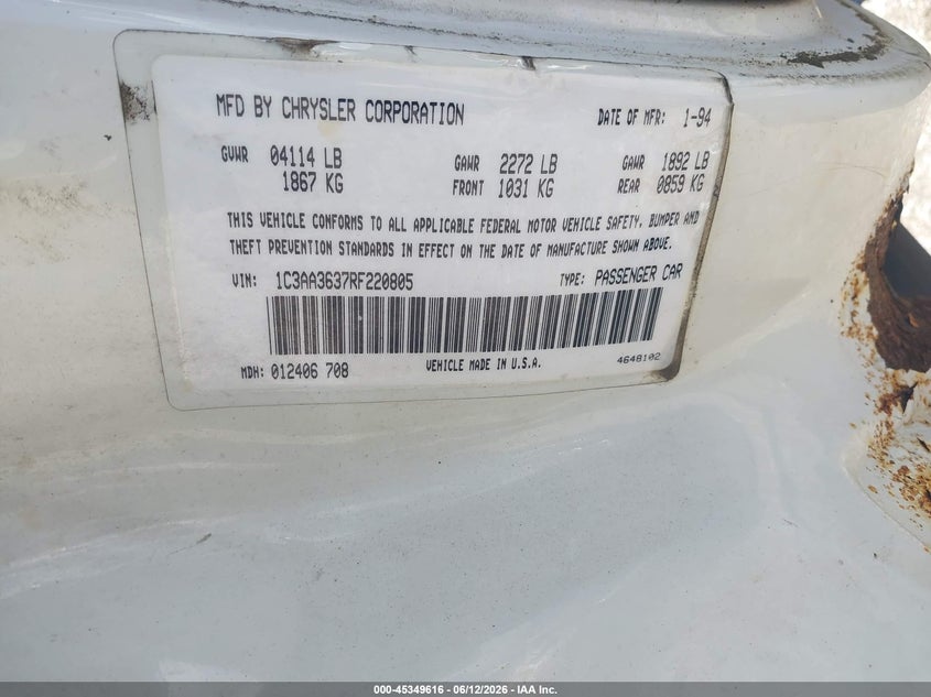 1994 Chrysler Lebaron VIN 1C3AA3637RF220805 IAAI salvage auction — NORMAL WEAR, Clear-Endorsement (Wisconsin), sold $275 on 2026-07-07 (photo 9)