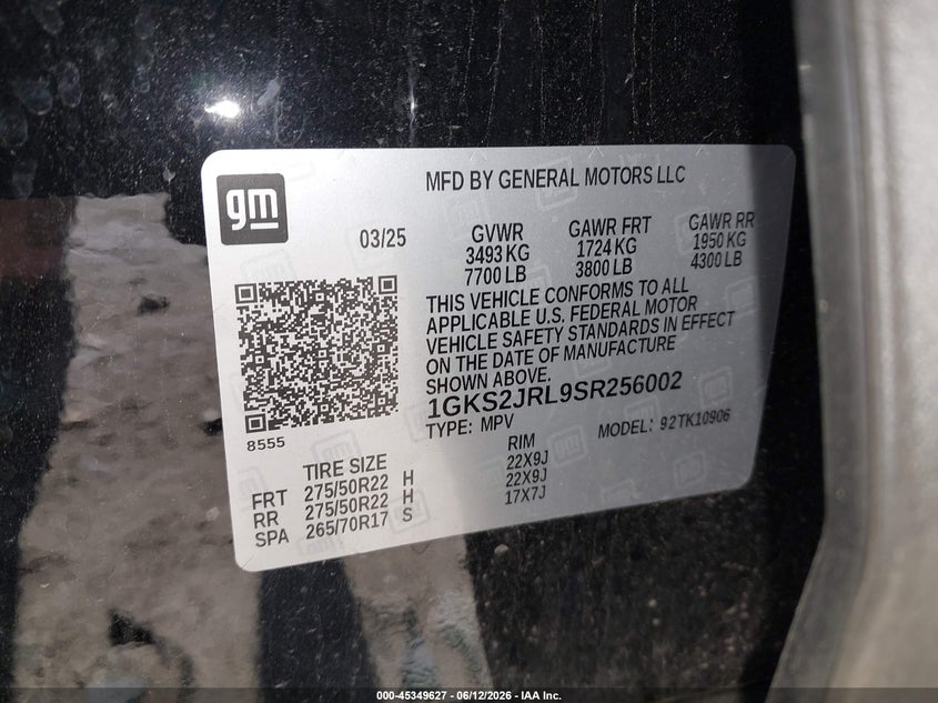 2025 Gmc Yukon VIN 1GKS2JRL9SR256002 IAAI salvage auction — FRONT & REAR, Salvage (Wisconsin), sold $19,800 on 2026-07-30 (photo 9)