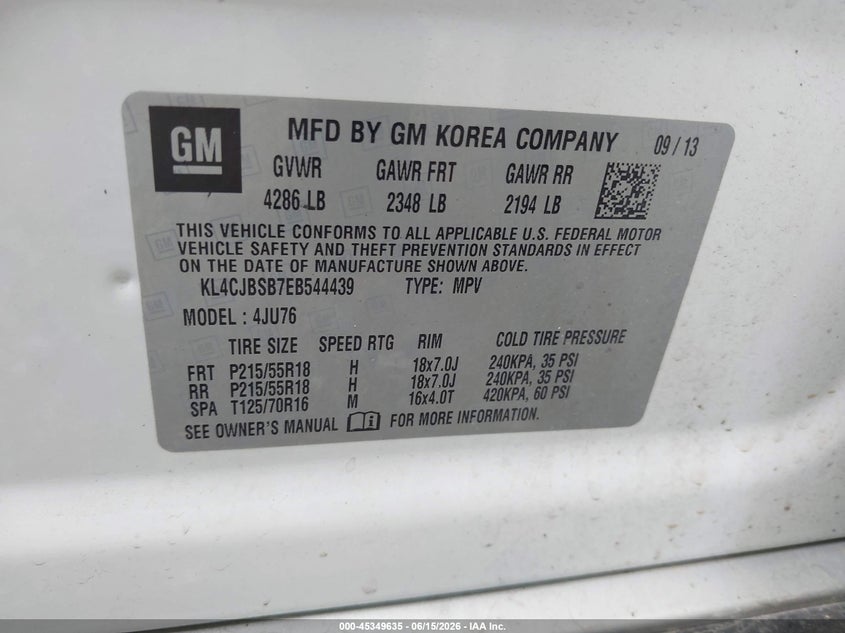 2014 Buick Encore VIN KL4CJBSB7EB544439 IAAI salvage auction — FRONT END, Salvage (Indiana), sold $1,350 on 2026-07-22 (photo 9)