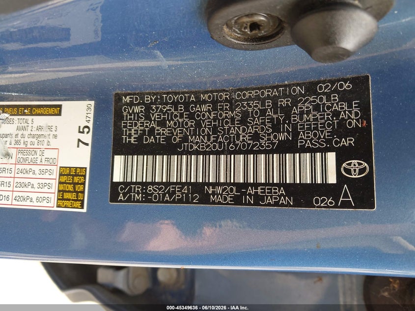2006 Toyota Prius VIN JTDKB20U167072357 IAAI salvage auction — NORMAL WEAR, Clear (North Carolina), sold $425 on 2026-07-09 (photo 9)