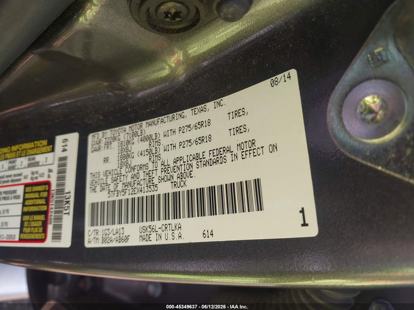 2014 Toyota Tundra VIN 5TFBY5F12EX413535 IAAI salvage auction — FRONT END, Salvage (Idaho), sold $5,000 on 2026-07-08 (photo 9)