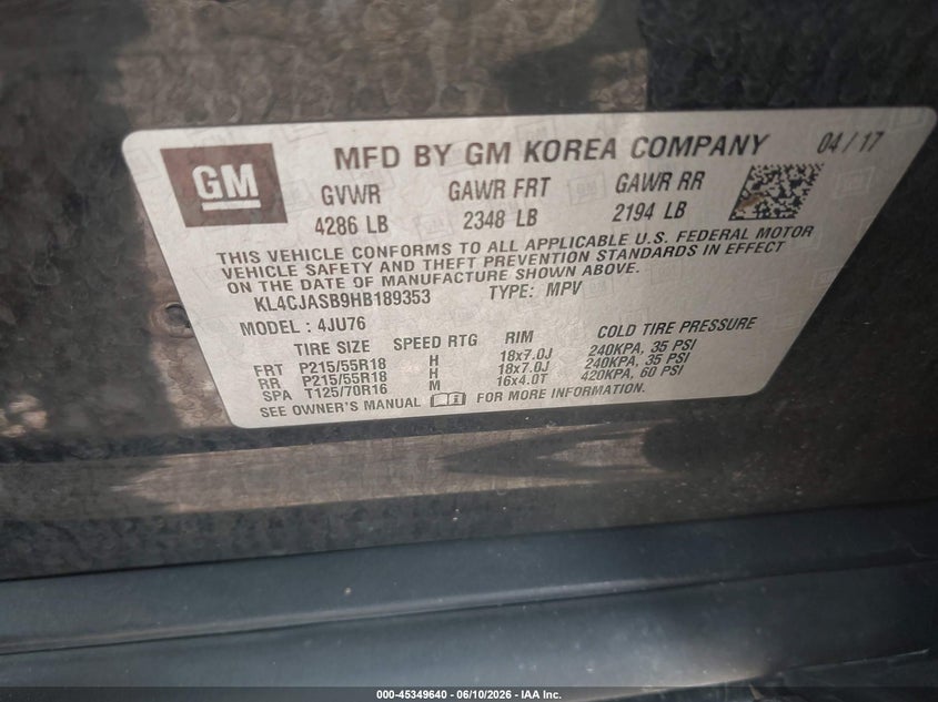 2017 Buick Encore VIN KL4CJASB9HB189353 IAAI salvage auction — REAR END, Clear (Indiana), sold $2,000 on 2026-07-15 (photo 9)