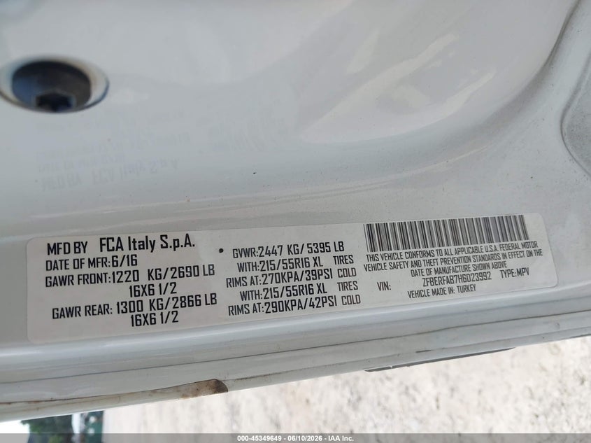 2017 Ram Promaster city VIN ZFBERFAB7H6D23992 IAAI salvage auction — FRONT END, Salvage Title, sold $2,400 on 2026-08-13 (photo 9)