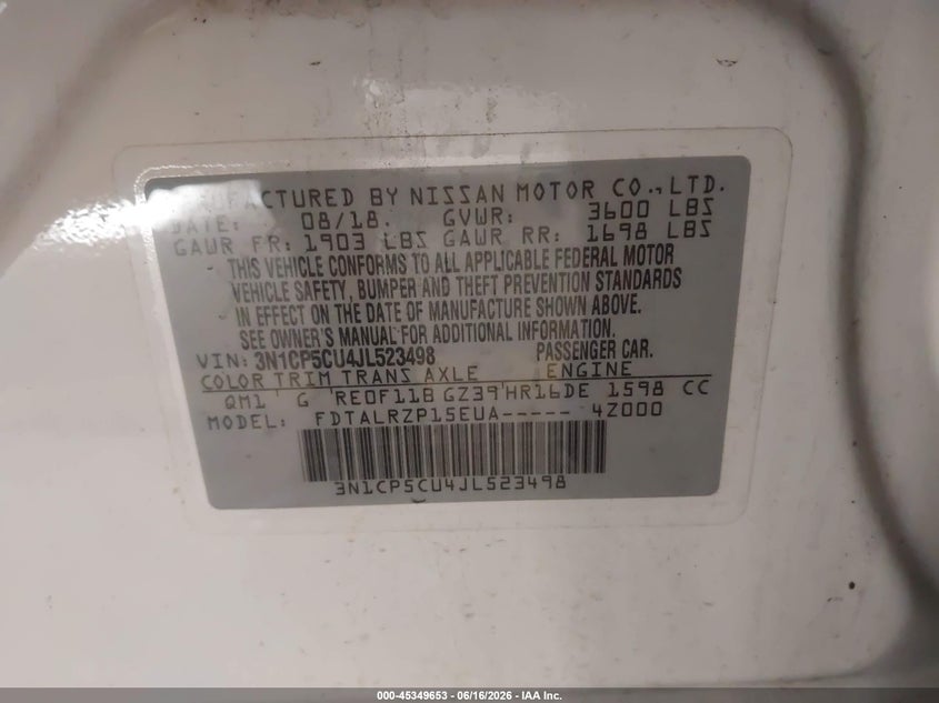 2018 Nissan Kicks VIN 3N1CP5CU4JL523498 IAAI salvage auction — FRONT END, Salvage Title, sold $500 on 2026-10-09 (photo 9)