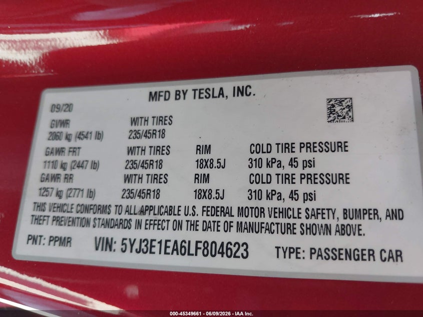 2020 Tesla Model 3 VIN 5YJ3E1EA6LF804623 IAAI salvage auction — FRONT & REAR, Salvage Title, sold $3,050 on 2026-07-30 (photo 9)