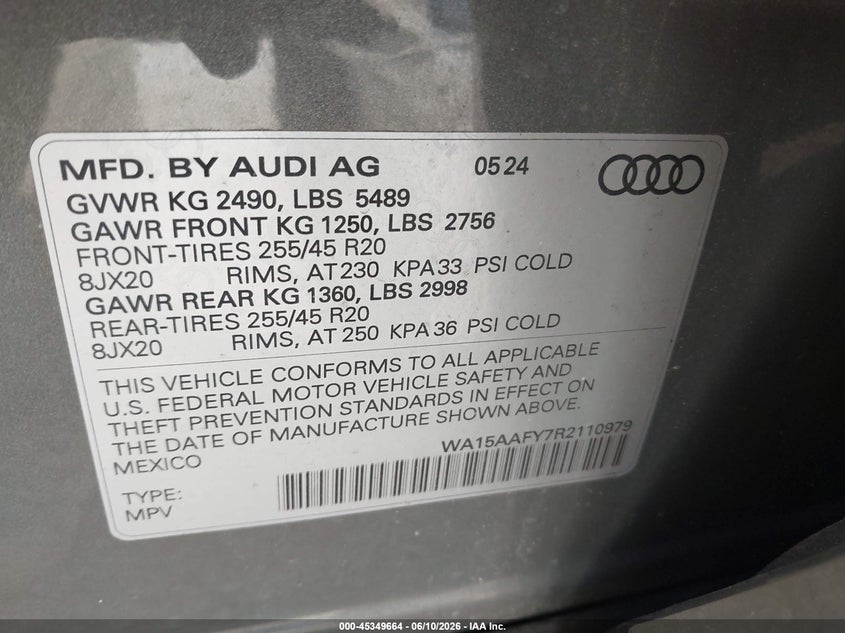 2024 Audi Q5 Sportback VIN WA15AAFY7R2110979 IAAI salvage auction — Unknown, Salvage (Illinois), sold $20,700 on 2026-09-06 (photo 9)