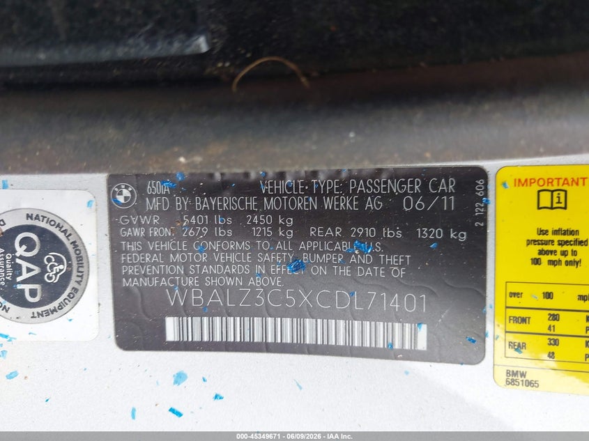 2012 BMW 6er VIN WBALZ3C5XCDL71401 IAAI salvage auction — FRONT END, Salvage Title, sold $2,800 on 2026-07-25 (photo 9)