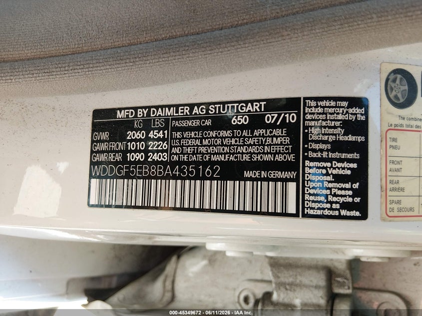 2011 Mercedes-benz C class VIN WDDGF5EB8BA435162 IAAI salvage auction — RIGHT FRONT, Salvage (North Carolina), sold $675 on 2026-07-27 (photo 9)