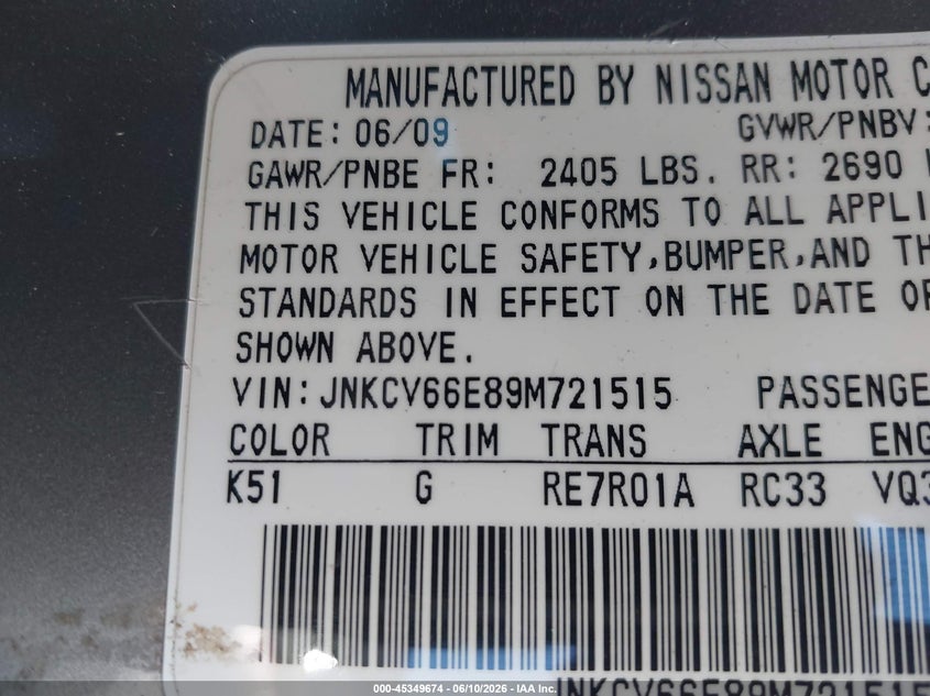 2009 Infiniti G37 VIN JNKCV66E89M721515 IAAI salvage auction — THEFT, Clear - Dealer Only (California), sold $250 on 2026-07-29 (photo 9)