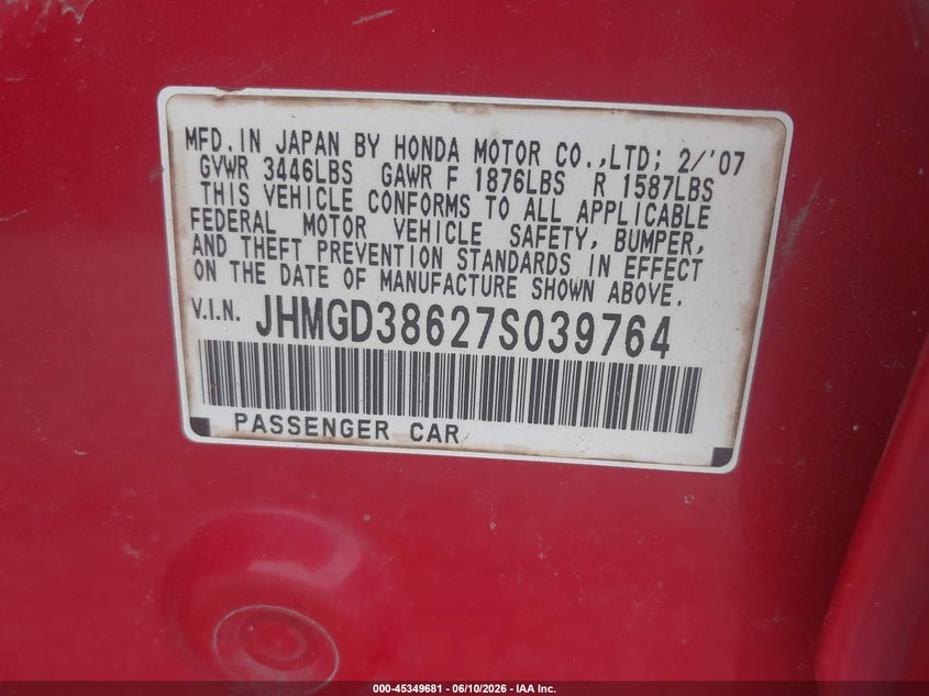 2007 Honda Fit VIN JHMGD38627S039764 IAAI salvage auction — LEFT FRONT, Bill Of Sale (Georgia), sold $300 on 2026-07-06 (photo 9)